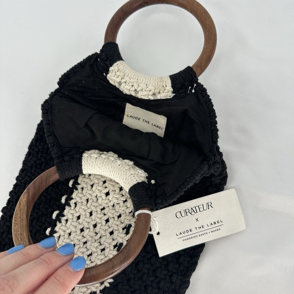 LAUDE THE LABEL Gabby Cotton‎ Macrame Bag Black & White Boho Coastal Resortwear - Picture 5 of 8